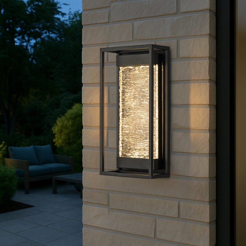 H15" Modern Outdoor Integrated Led Wall Light With Dusk To Dawn Sensor Matte Black Exterior Light Fixture With Handcrafted Textured Glass Wall Lantern For Porch Garage Entryway