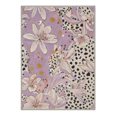 Inspired Machine Washable Beige / Purple Indoor Area Rug with Non-Slip Backing