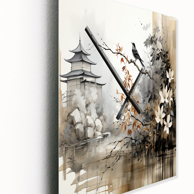 Asian Art Sumi Bird Serenity I - horloge murale moderne asiatique, Médium