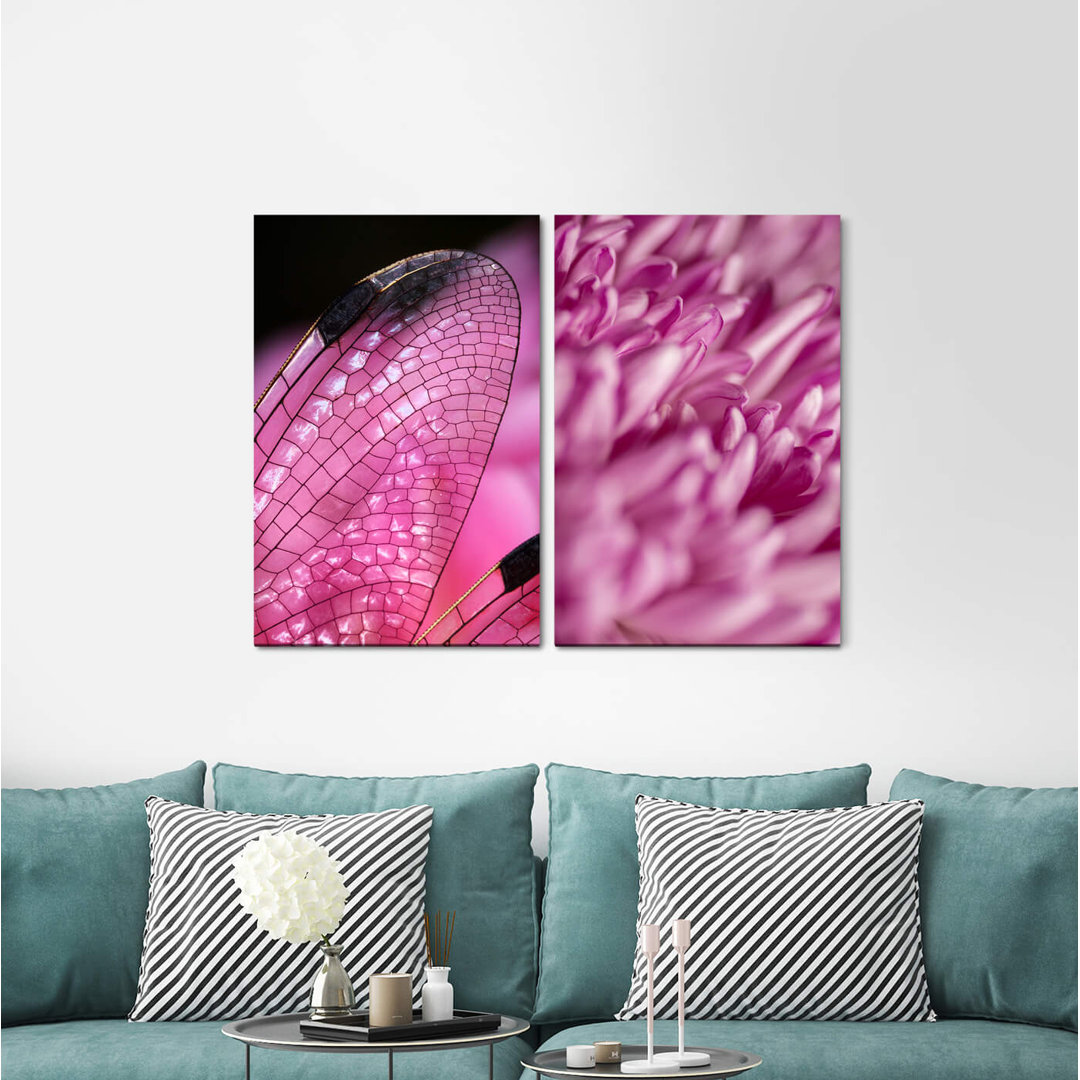 2-tlg. Leinwandbilder-Set - Fotografie „Dragonfly Wings Flowers Fine Delicate Pink”