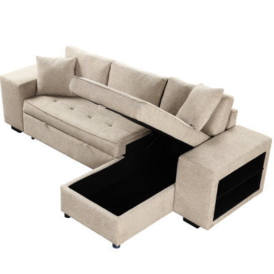 Modern 3 Seat L-Shape Sectional With Storage Chaise, Sleeper And 2 Stools In Cream For Living Room Look 104.5" Reversible Sleeper, Chaise Style