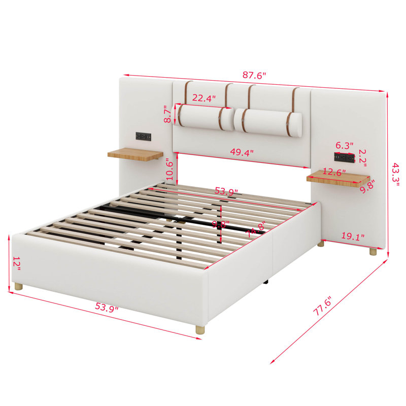Lit plateforme tapissier avec deux prises, ports de chargement USB, deux coussins de chevet et tablettes de rangement, Double