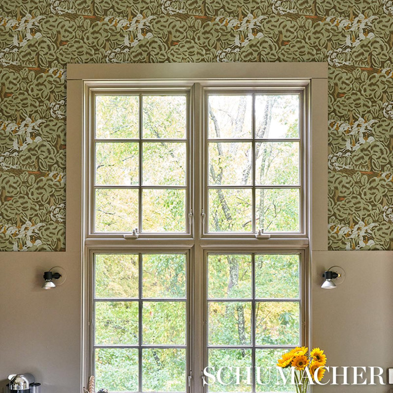 Schumacher X The New Yorker Margaret Schloeman's Fox Chase Wallpaper, Sage/Soft Brown