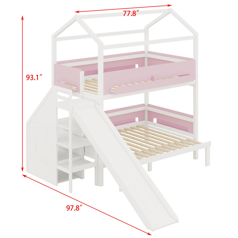 House-Shaped  Bunk Bed with Slide and Storage Staircase, White+Pink