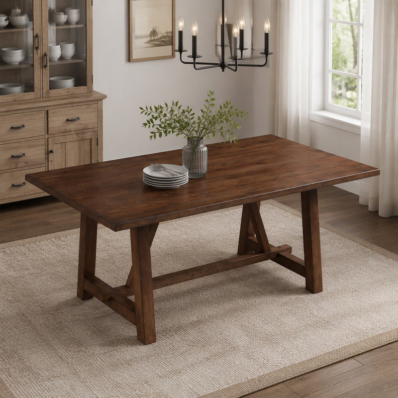 Table de salle à manger rectangulaire à tréteaux en chêne foncé de style campagnard
