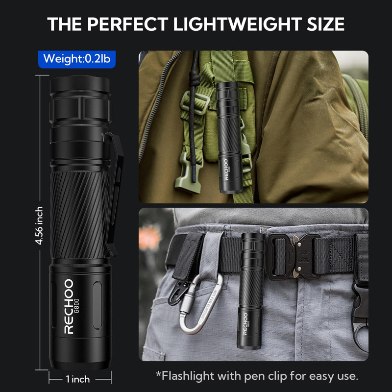 Flashlight Rechargeable, G800 LED Flashlight With 3 Lighting Modes, Fixed Focus, Pocket Clip, Small EDC Flash Light For Emergency, Camping Gear (Battery Included)