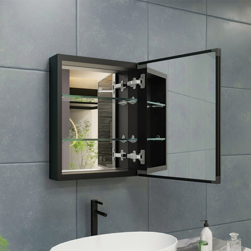 Armoire à pharmacie Hennagan avec miroir et 4 tablettes réglables, H 20 po x l 16 po x P 4,62 po, Noir, noir, noir, noir