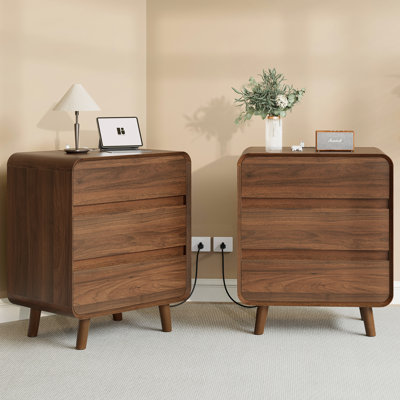 Angela Wood 3 Drawers Nightstand Set of 2 with Charging Station, Bed Side Table Set of 2 with Charging Station, Round Corner Wood Night Stand, 15.7"D x 23.6"W x 27.7"H