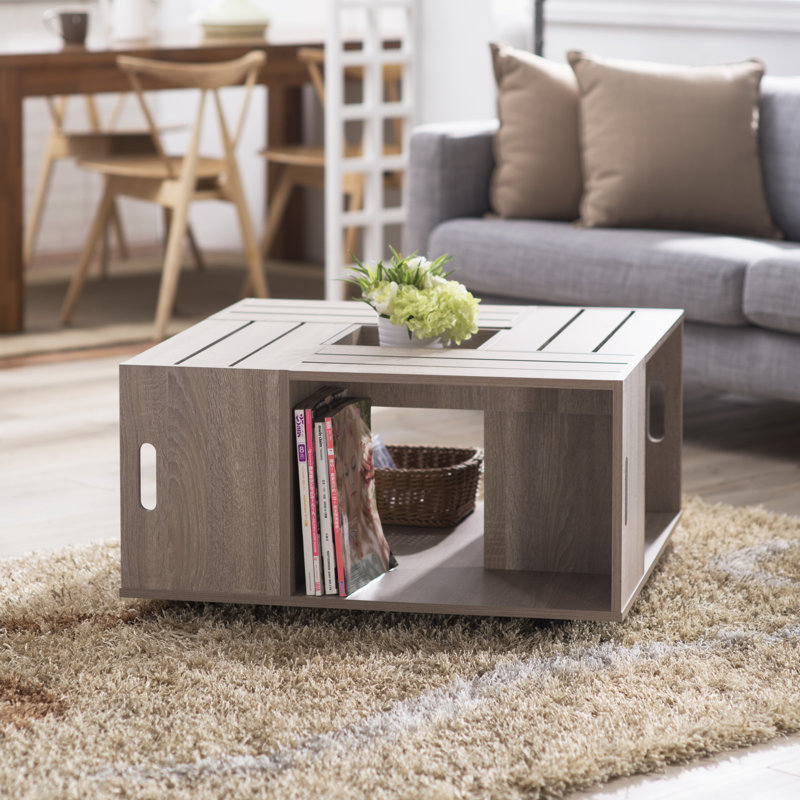Wheel Coffee Table with Storage, Weathered Wood