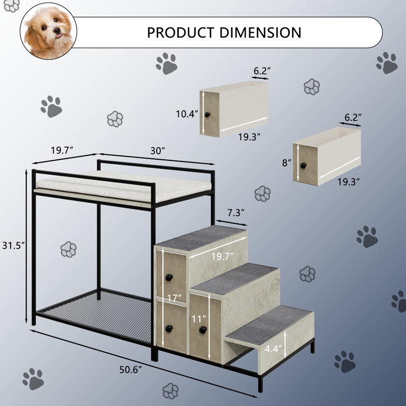 Lit superposé pour animaux de compagnie avec escalier et rangement, Gris