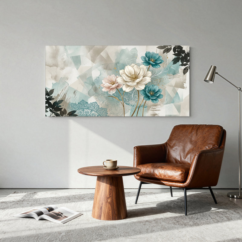 Toile murale abstraite à l'aquarelle avec des fleurs blanches et turquoise, L 32 po x H 16 po