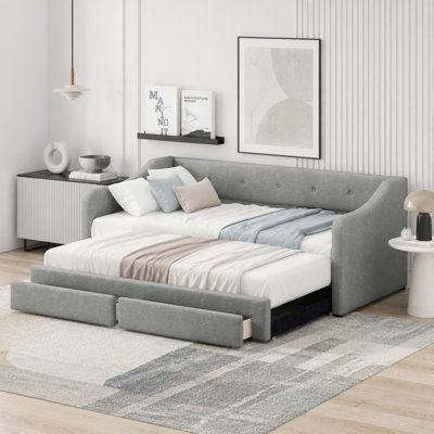 Lit de jour simple tapissier très grand avec deux tiroirs, gris