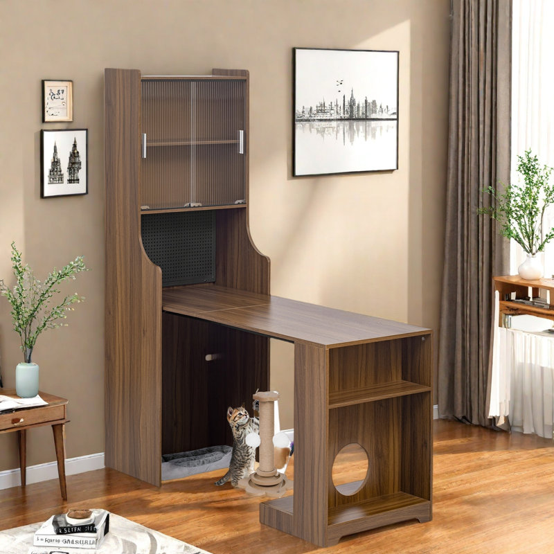 Mid-century Multi-use Extenable Cabinet Desk With Storage Peg Board, Storage Cabinet With Sliding Glass Doors, Led Light, Free Cat Cushion And Cat Toy