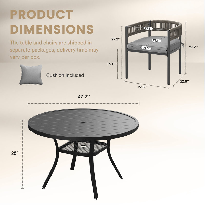 Ensemble repas pour 4 personnes avec chaises tissées en corde, Black, Gray