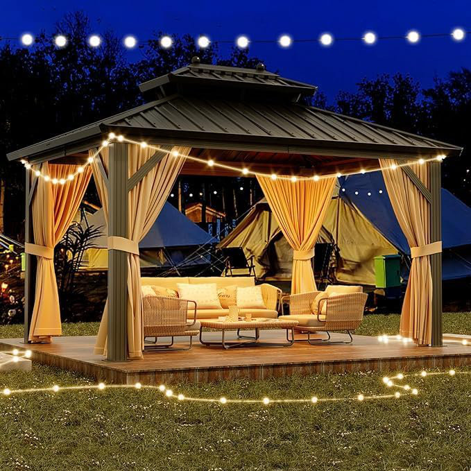 10x10FT Aluminum Hardtop Gazebo with Double Roof, Curtains & Netting for Garden & Patio