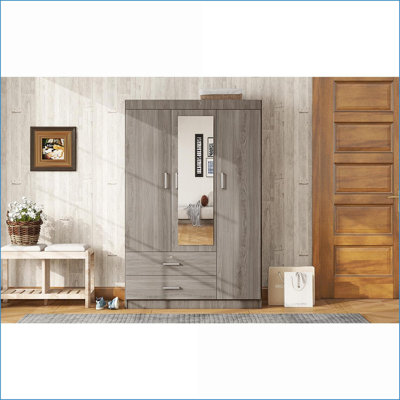 Commodes et amp; Garde-robes | Armoire-penderie 3 portes avec miroir pleine longueur | Panneau de fibres à densité moyenne | Gris | Contreplaqué