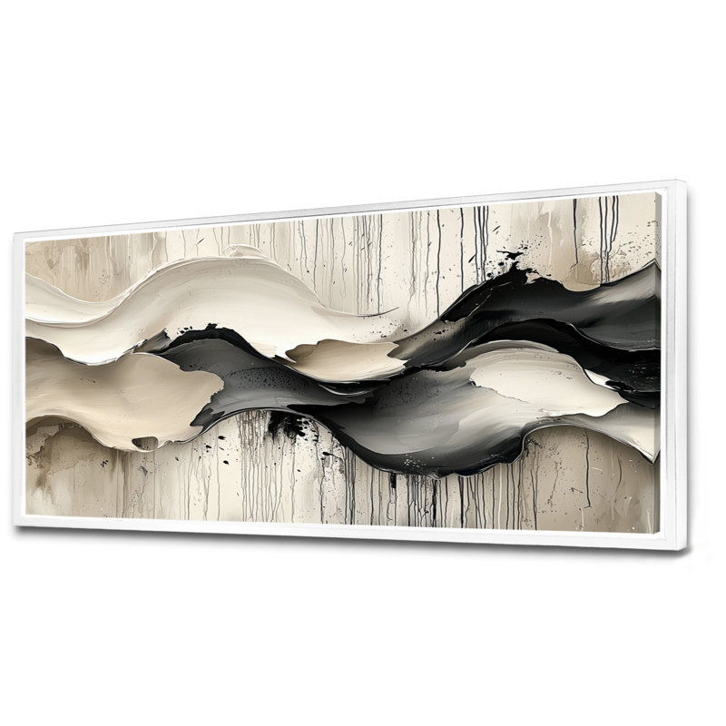 Gris sur fond blanc l'encre rythmique de la rivière Ink II - vagues modernes abstraites, H 28 po x l 60 po