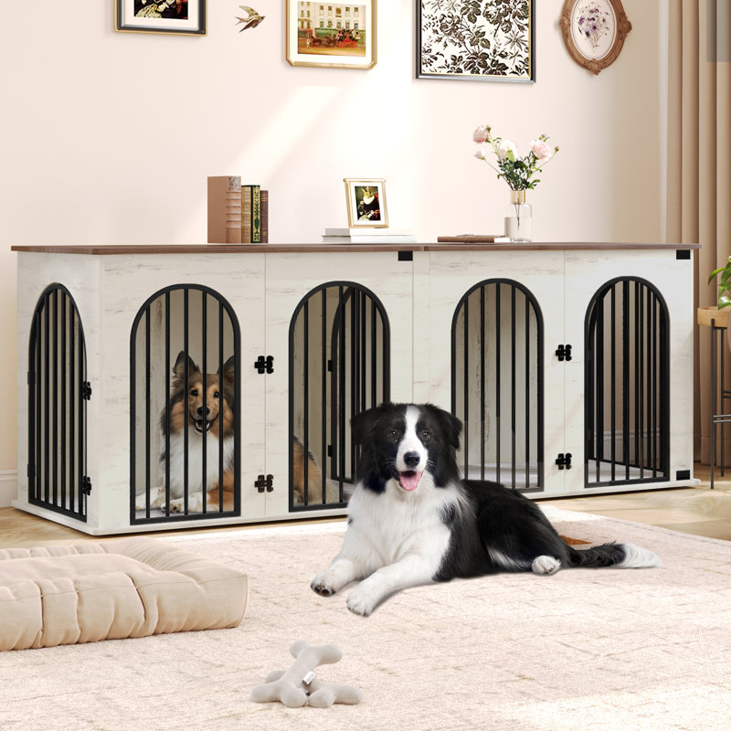71" White and Brown Heavy Duty Dog Crate Furniture with Divider