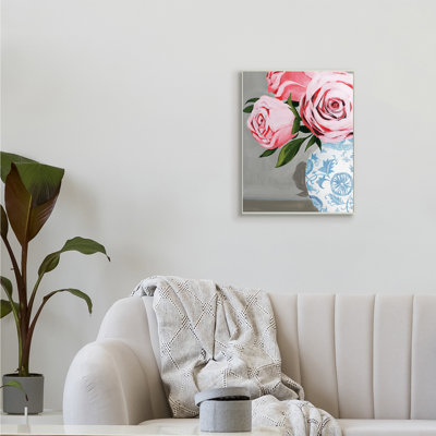" Blossoming Pink Roses In Ornate Blue Vase " by Grace Popp