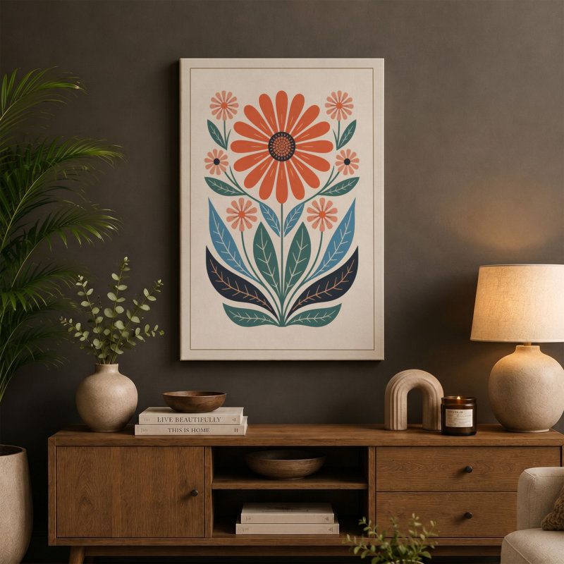 Symmetrical Daisy Folk Botanical - Wrapped Canvas, 24x16 - 61.0 x 40.6 cm, Terracotta Border