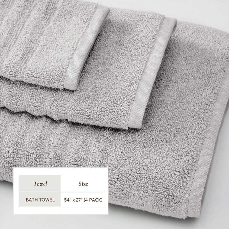 100% Zero-Twist Cotton Ribbed Bath Towels , Bath Towels - 4 Pack, Soft Gray