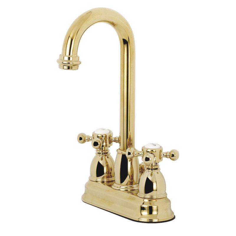 Kingston Brass Two-Handle 3-Hole Deck Mount 4" Centerset Bathroom Faucet with Plastic Pop-Up, Polished Brass