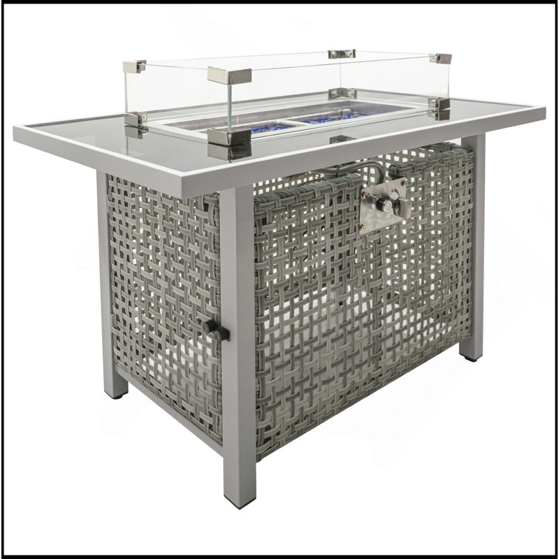 43" Propane Gas Fire Pit Table, 60000 BTU Rectangular Open Weave Wicker Fire Pit With Glass Wind Guard For Outside Patio Deck Garden Backyard
