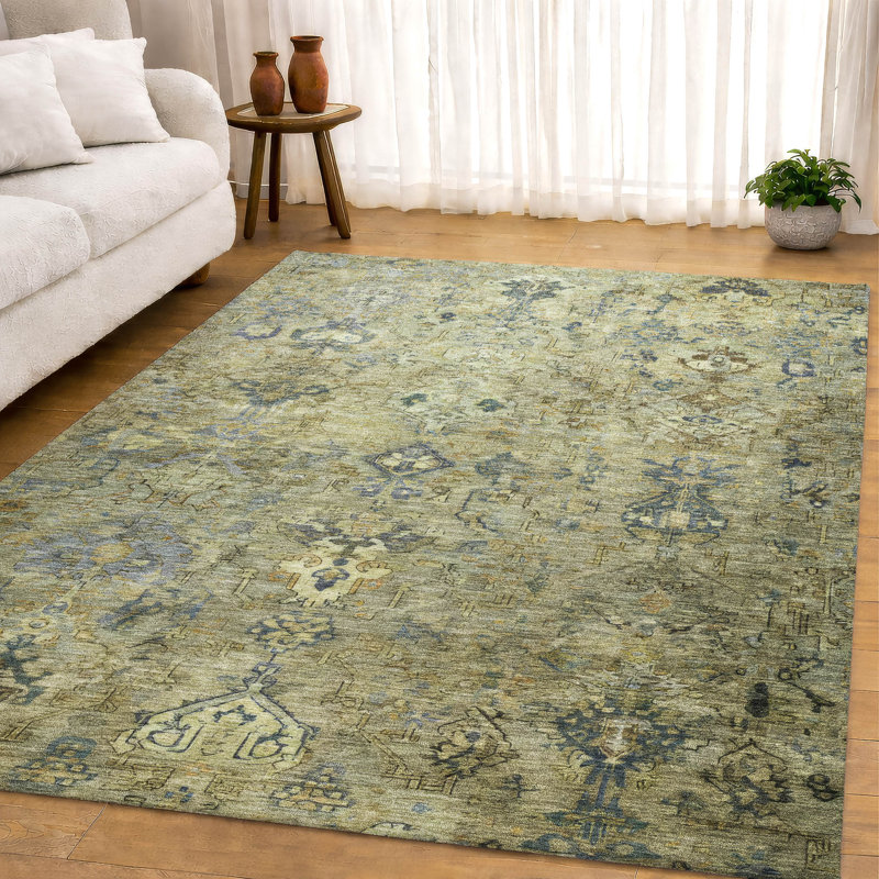Premium Machine Washable Mayfield Global Rug, Green, 9' x 12'