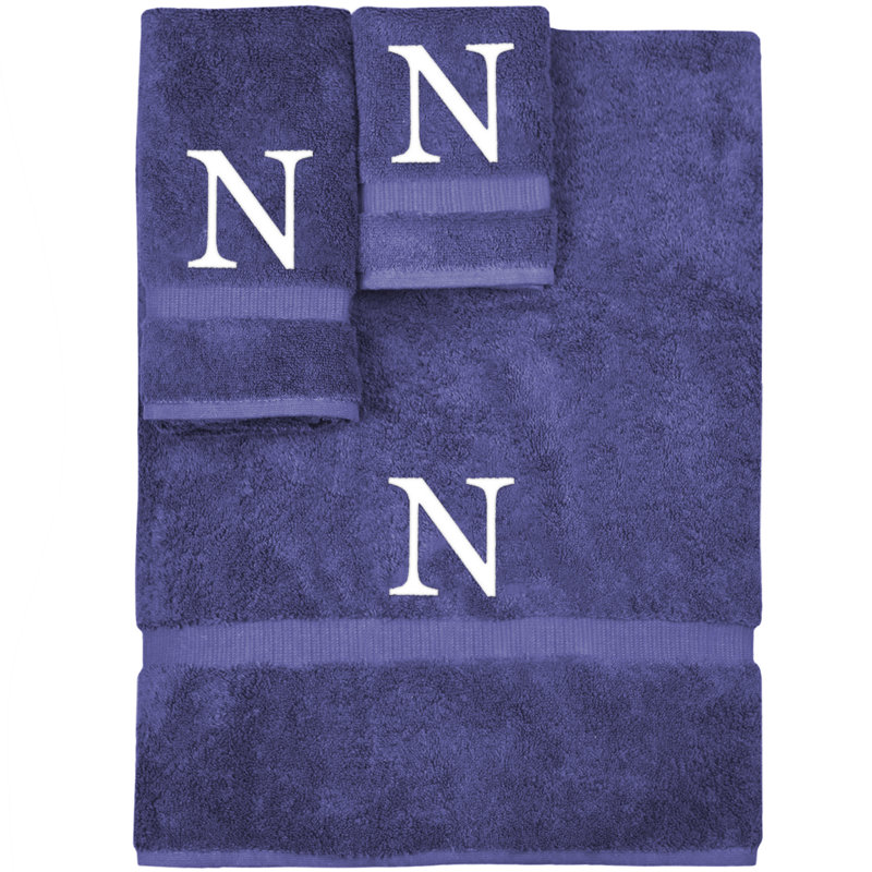 Ensemble de serviettes monogrammées - ensemble de 3 - lettre-bloc, Bleu marine/blanc, N