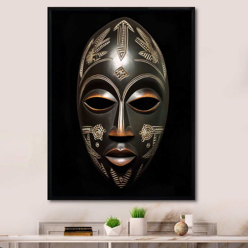 Masque africain traditionnel et ethnique V - art mural tribal africain, H 44 po x l 34 po x P 1,5 po, Cadre flottant noir