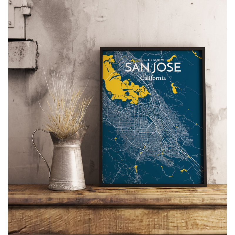 «San Jose City Map», reproduction d'impression sur affiche en bleu, H 17 po x l 11 po