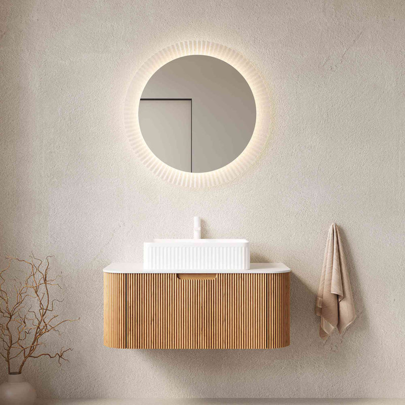 Meuble-lavabo de salle de bain avec lavabo, meuble de rangement mural à bords courbés et rayés avec 2 tiroirs, lavabo rectangulaire en céramique, sans robinet, pré-assemblé