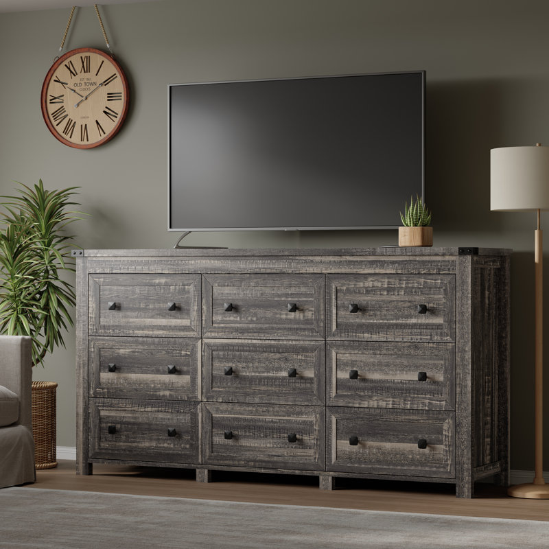9-Drawer  Dresser for Bedroom, Modern MDF Wide Storage Chest, Bedroom Organizer, Dark Rustic Oak
