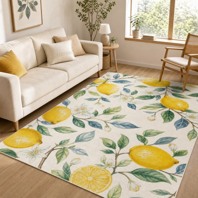 1Pcs Lemon floral design - washable and easy to clean, large thin rug, non-slip backing, artistic, suitable for living room, bedroom, kitchen, office indoor use for home detor