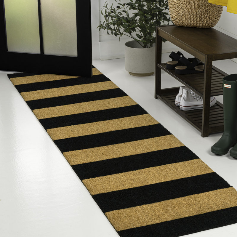 Sutton Modern Coastal Striped Coir Natural/Black Indoor/Outdoor Doormat, 36" W x 72" L