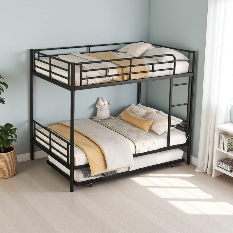 Lit superposé en métal avec lit gigogne, Lit superposé double sur double, Noir