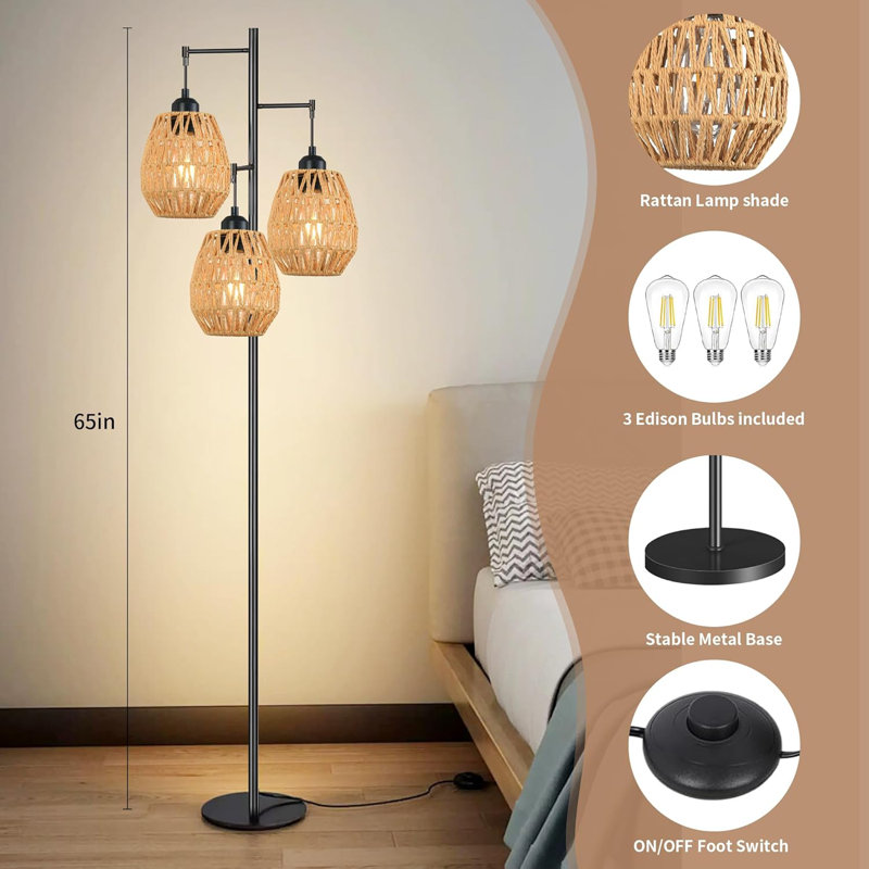Boho Industrial Floor Lamp With 3 Rattan Woven Lampshades, Adjustable Tall Standing Light For Living Room, Bedroom, Office, And Corner Decor