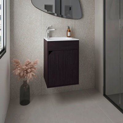 Meuble-lavabo flottant à une porte avec lavabo en résine et deux tablettes, rangement pour salle de bain, noir