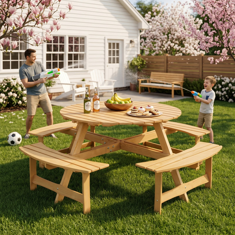 8 Person Wood Picnic Table, Outdoor Round Picnic Table with 4 Built-in Benches, Umbrella Hole, Outside Table and Bench Set for Patio, Backyard, 500lbs Capacity Per Bench