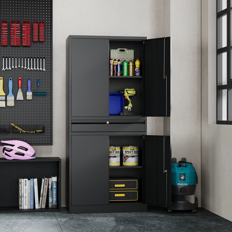 Agilar Locking Metal Garage Cabinet with Adjustable Shelves & Tool Drawer ( 71'' H x 31.5'' W x 15.7'' D), Black