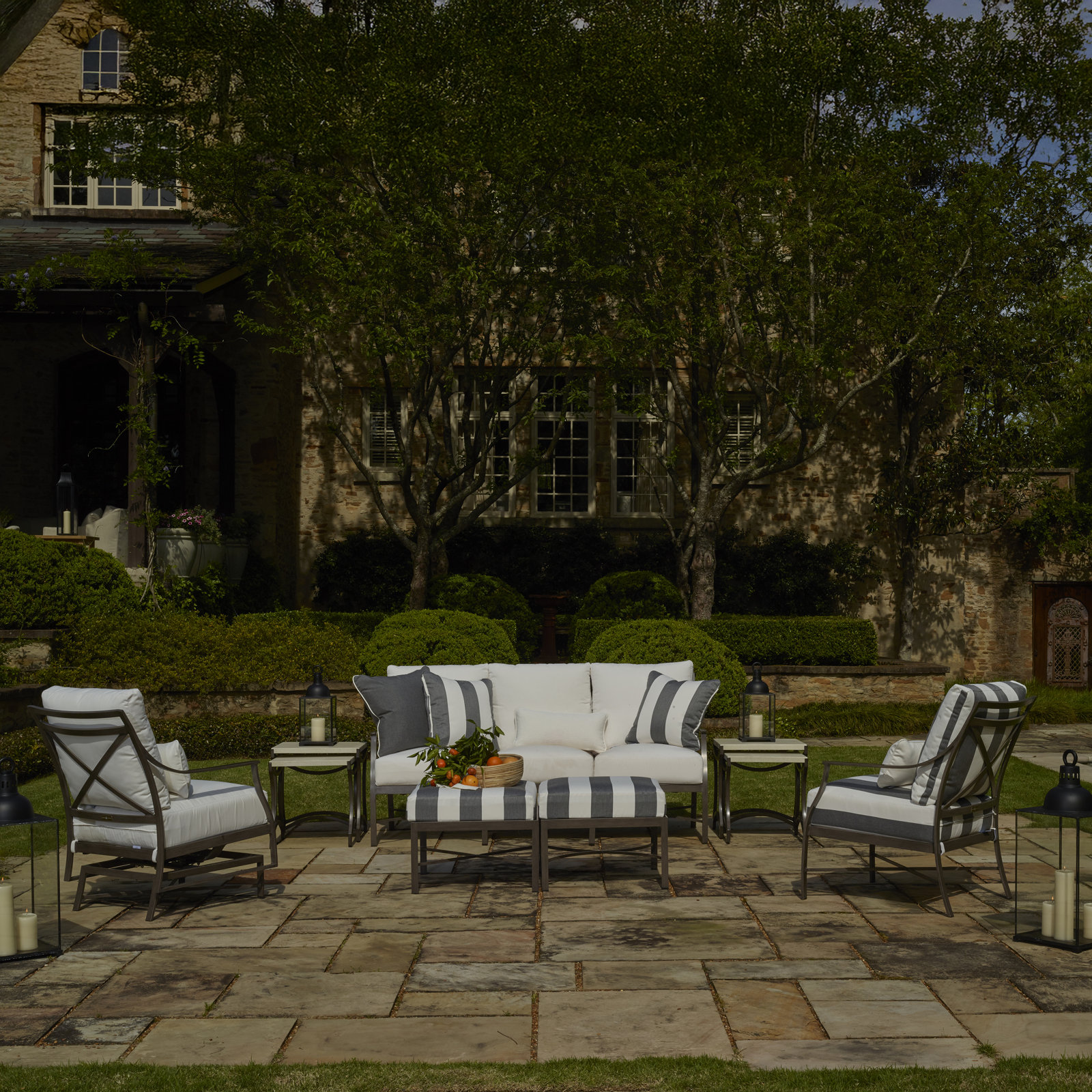 Monaco Wrought Aluminum Outdoor Lounge Chair, Rollo Lace InsideOut® Linen, Slate Gray, No Welt