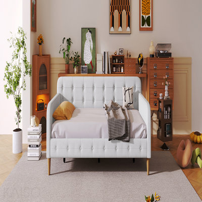 Twin Size Upholstered Daybed with 4 Support Legs, Beige