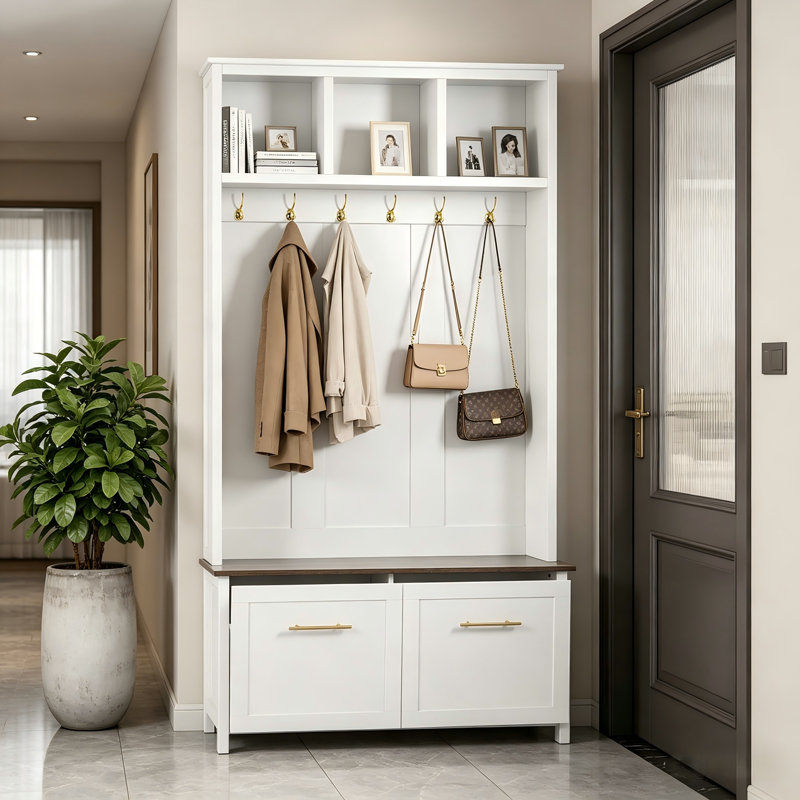 White Four In One Entrance Storage Hall Tree, Equipped With Benches, Golden Hooks And Drawers, Suitable For Use In The Foyer And Hallway