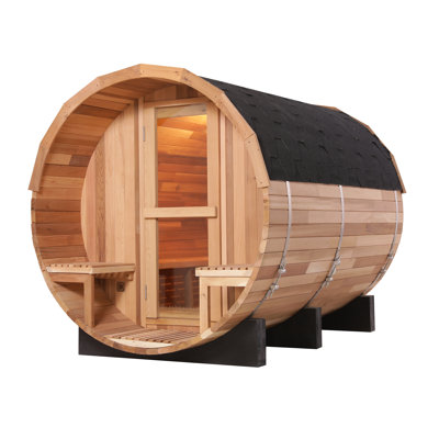 Hylivesaunas Outdoor Wood Barrel Sauna Room, 6-8 Person Canadian Red Cedar Garden Traditional Wooden Saunas with Porch, Steam Spa with ETL- Certified 6kw Heater, Rocks, Water Bucket, Light,195℉ US Instock