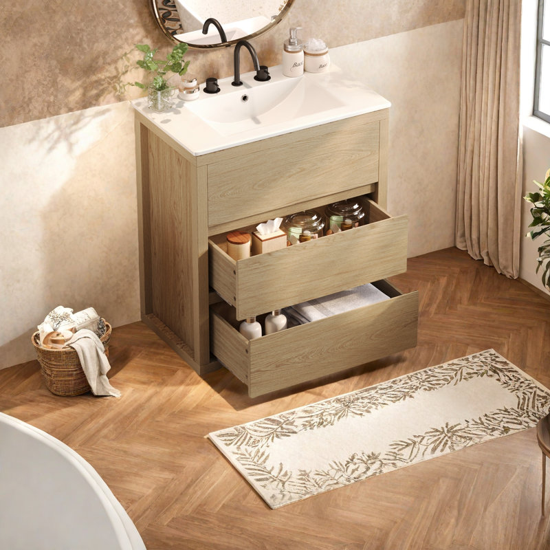Meuble-lavabo sur pied 30 po avec lavabo en céramique et 2 tiroirs pleine extension, Naturel