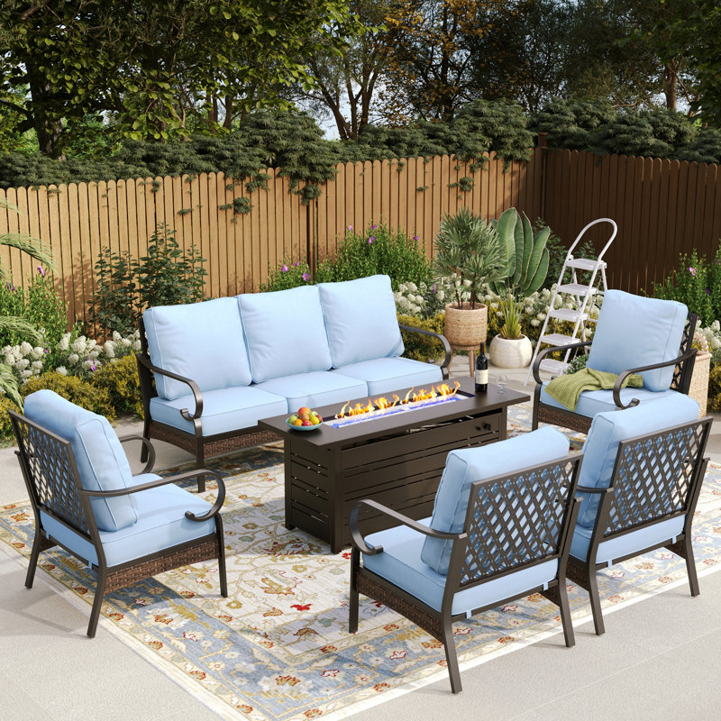 7 - Person Outdoor Furniture Sets With Thick Cushions, Blue Cushion/Black Frame
