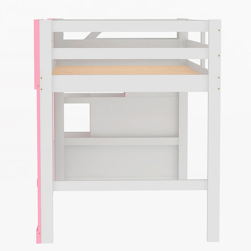 Lit mezzanine simple avec escalier de rangement et fenêtre, Rose