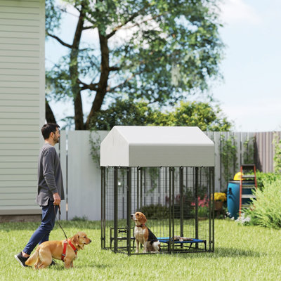 Chenil d'extérieur pour chien avec toit, enclos pour chien robuste en fil soudé de 4 pi x 4 pi x 6 pi avec serrure à l'épreuve des fuites, résistant aux rayons UV et à l'eau, pour chiens de taille moyenne, poulets, canards, argent