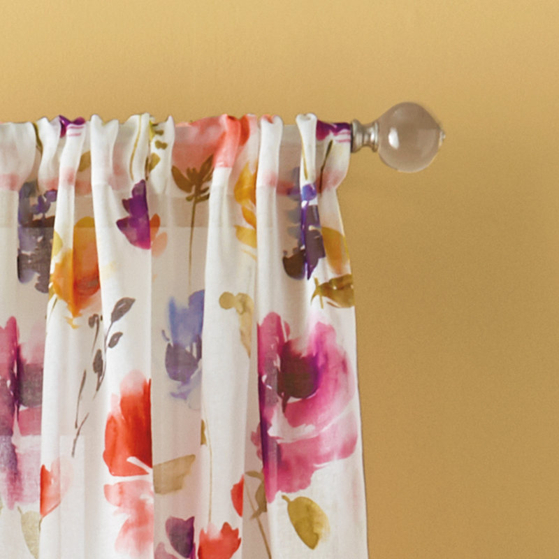 White Sheer Watercolor Floral Rod Pocket Curtain Panel, 50" x 63"