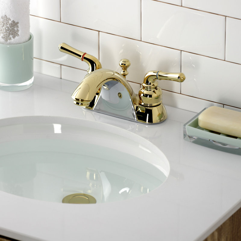 Kingston Brass Naples Two-Handle 3-Hole Deck Mount 4" Centerset Bathroom Faucet with Plastic Pop-Up, Polished Brass
